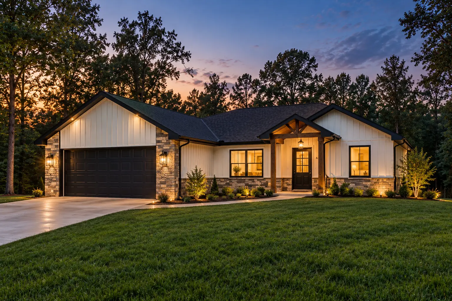 Concept rendering of a Wright Homes style exterior at dusk